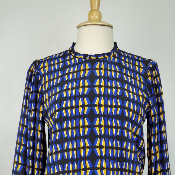 Rachel Zoe Contemporary Fit Geometric Print Ruffle Neck Top With Shirred Cuff M - Picture 2 of 11